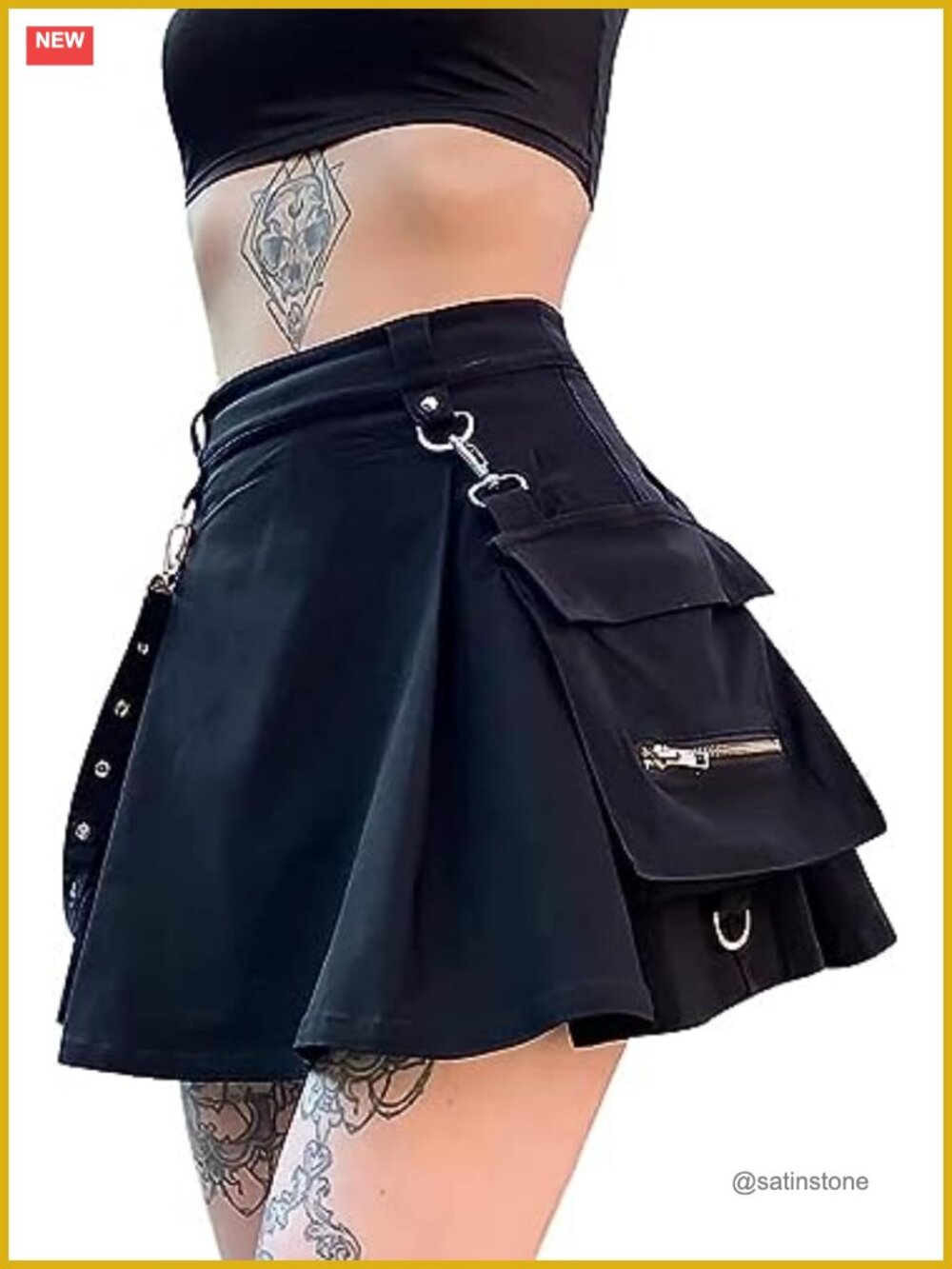 Pleated Mini Skirt High Waisted with Chain and Pocket
